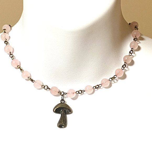 Natural Pink Rose Quartz Necklace, Bronze Slim Mushroom +Genuine Gemstone Choker - Picture 2 of 14